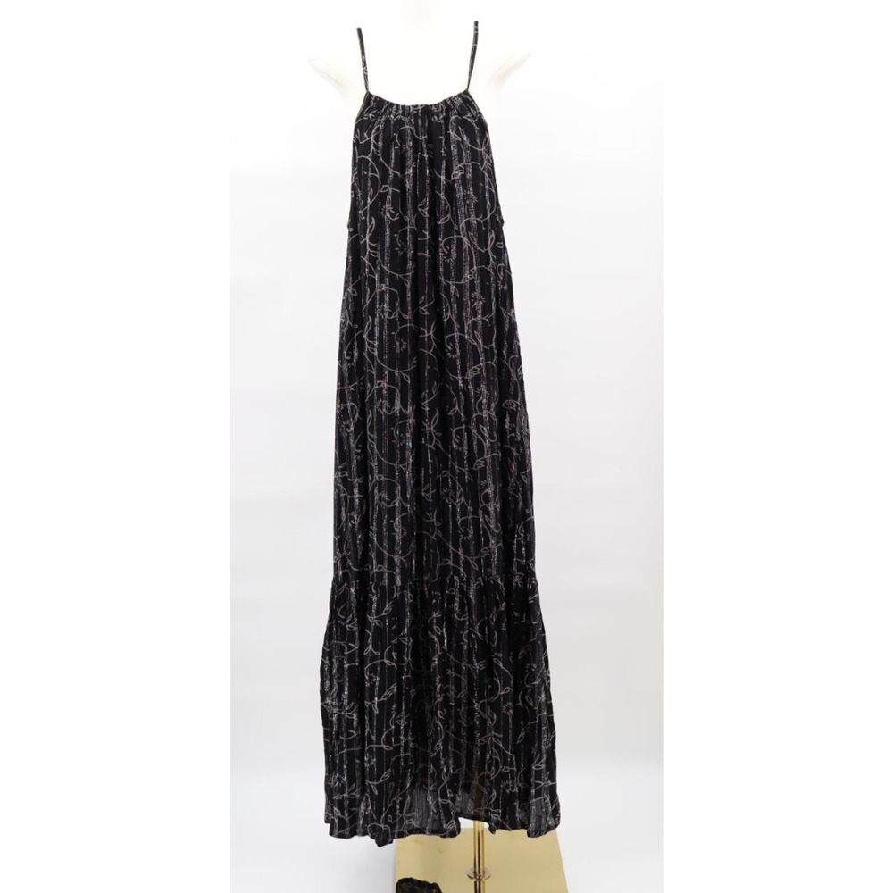 World Market Dress L/XL Metallic Boho Maxi Black Silver Metallic Halter Tiered
